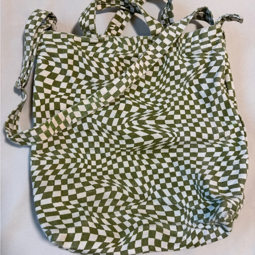 BAGGU Olive Green and White Checkerboard Canvas Tote
